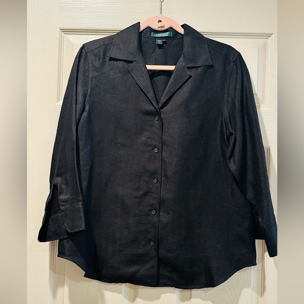 LAUREN RALPH LAUREN COLLARD LINEN BUTTON DOWN TOP 100% LINEN